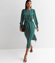 New Look Green Geometric Squiggle Print Satin Belted Midi Dress